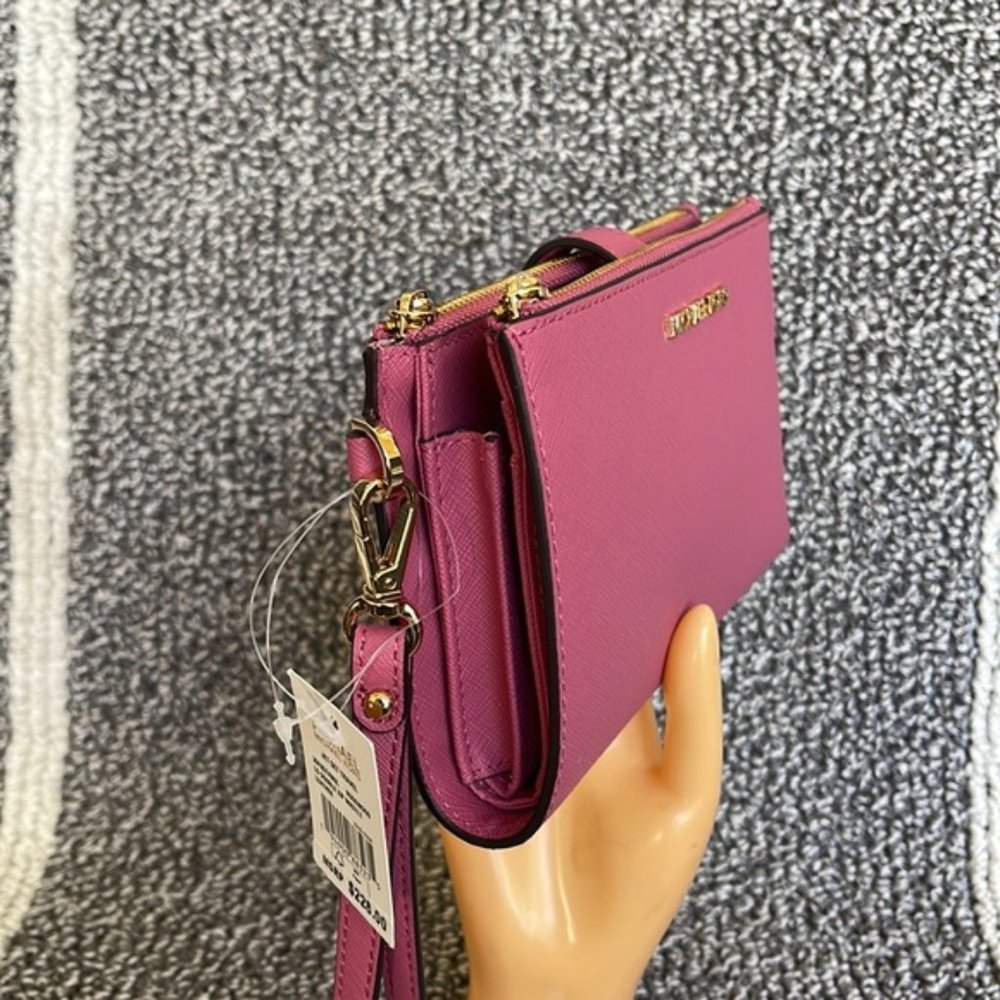 Michael Kors Jet Set Travel Large Double Zip Wristlet Wallet Rosewood Leather - Picture 4 of 16